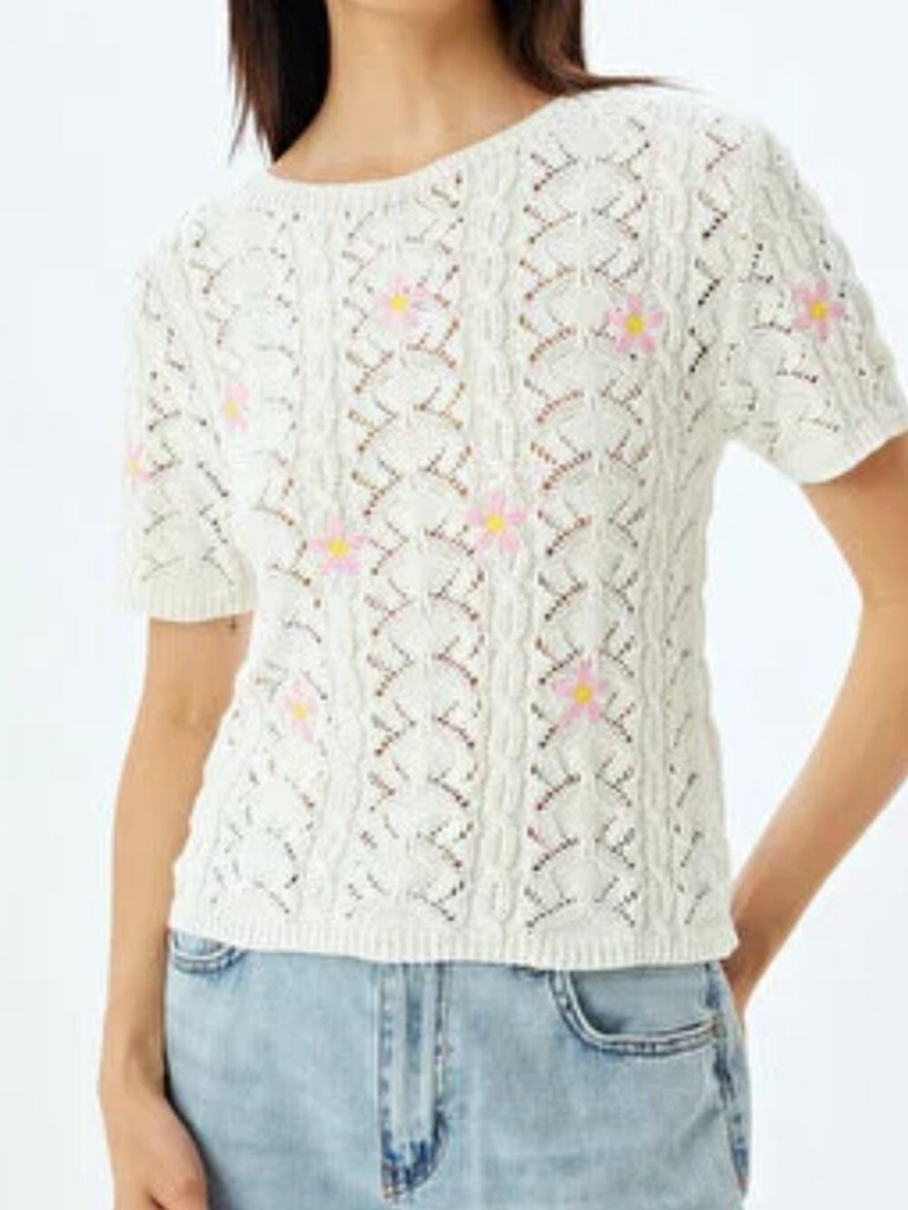 Cotton Emporium Kids' Floral Embroidery Pointelle Sweater Big Girl Size M NWOT